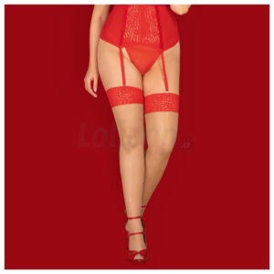 Blossmina lesklé podvazkové punčochy s červenou krajkou