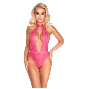 Kissable krajkové růžové body s hlubokým výstřihem a vázáním okolo krku